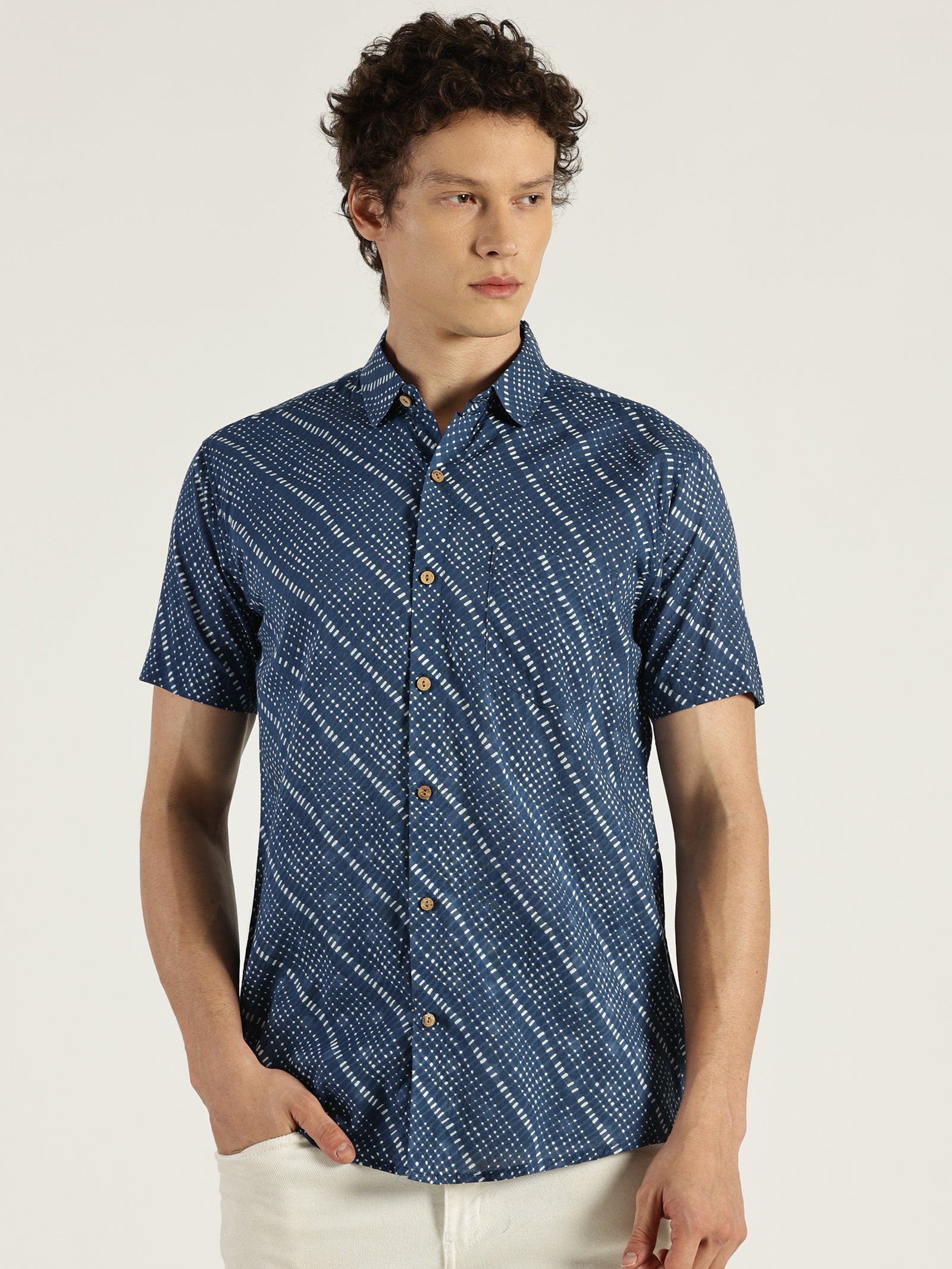 Blue Abstract Chex Printed Halfsleeves Cotton Shirt