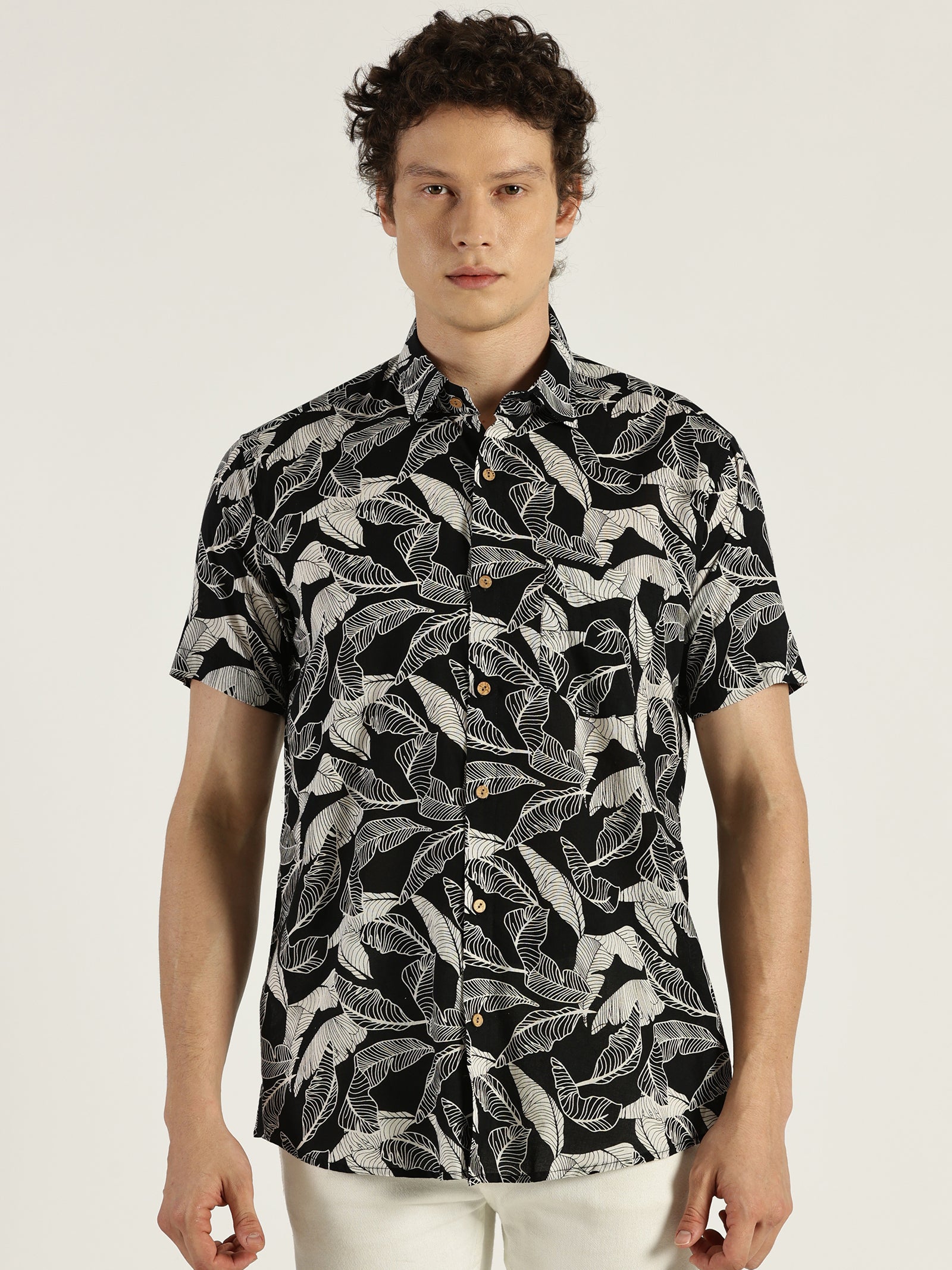 Tropical Leaf Black Printed Halfsleeves Cotton Shirt