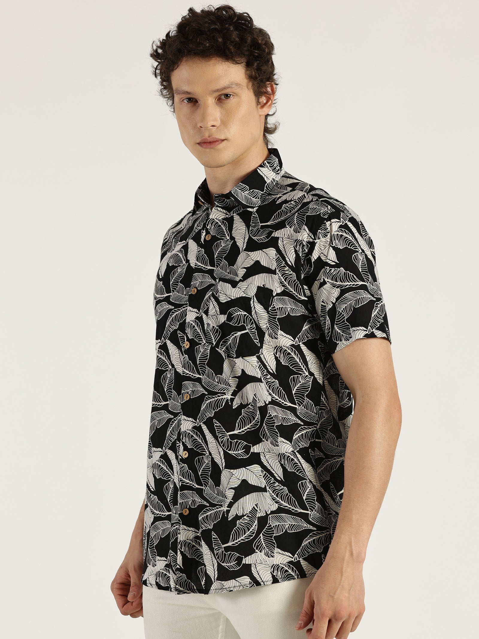 Tropical Leaf Black Printed Halfsleeves Cotton Shirt