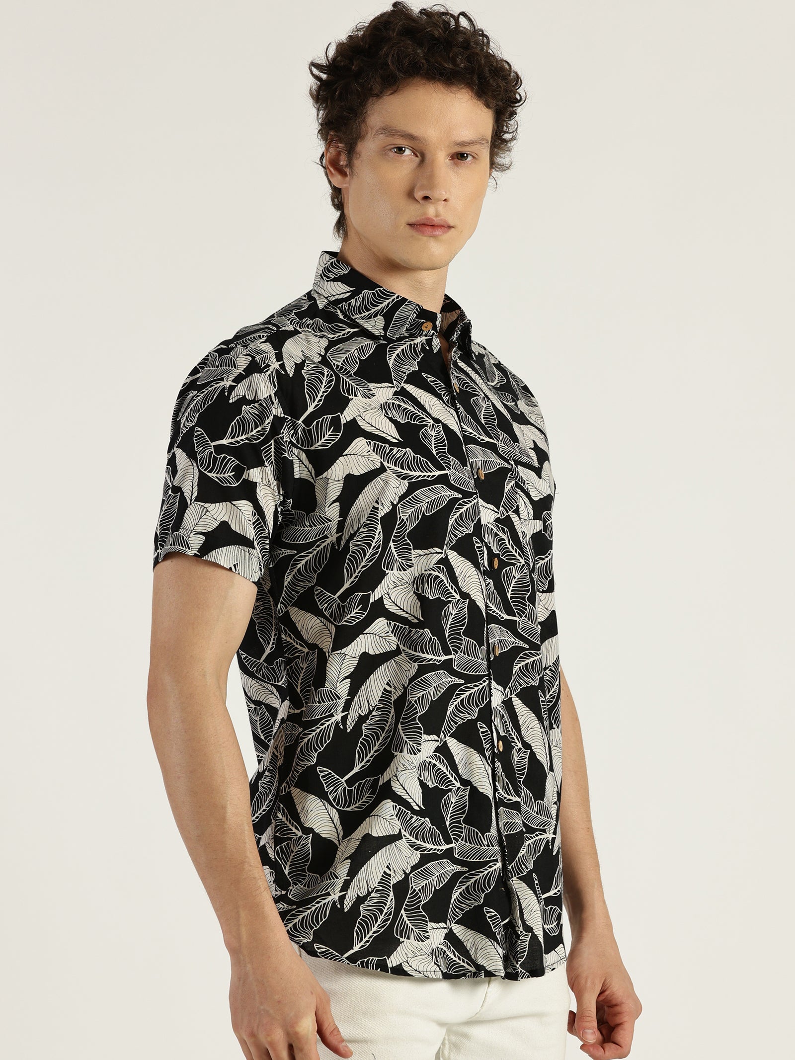 Tropical Leaf Black Printed Halfsleeves Cotton Shirt