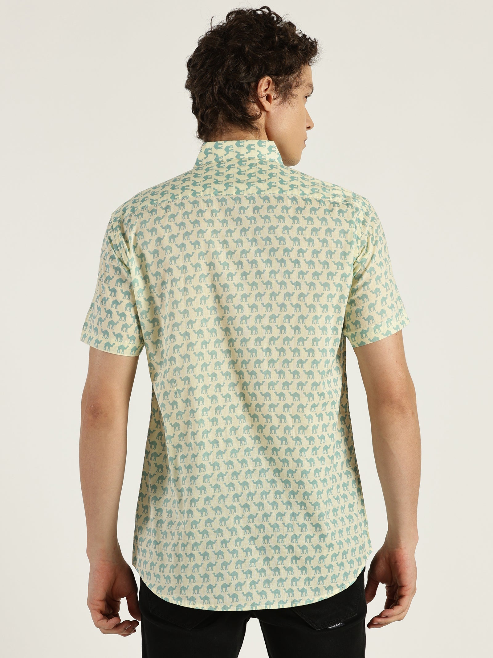 Light Blue Camel Printed Halfsleeves Cotton Shirt