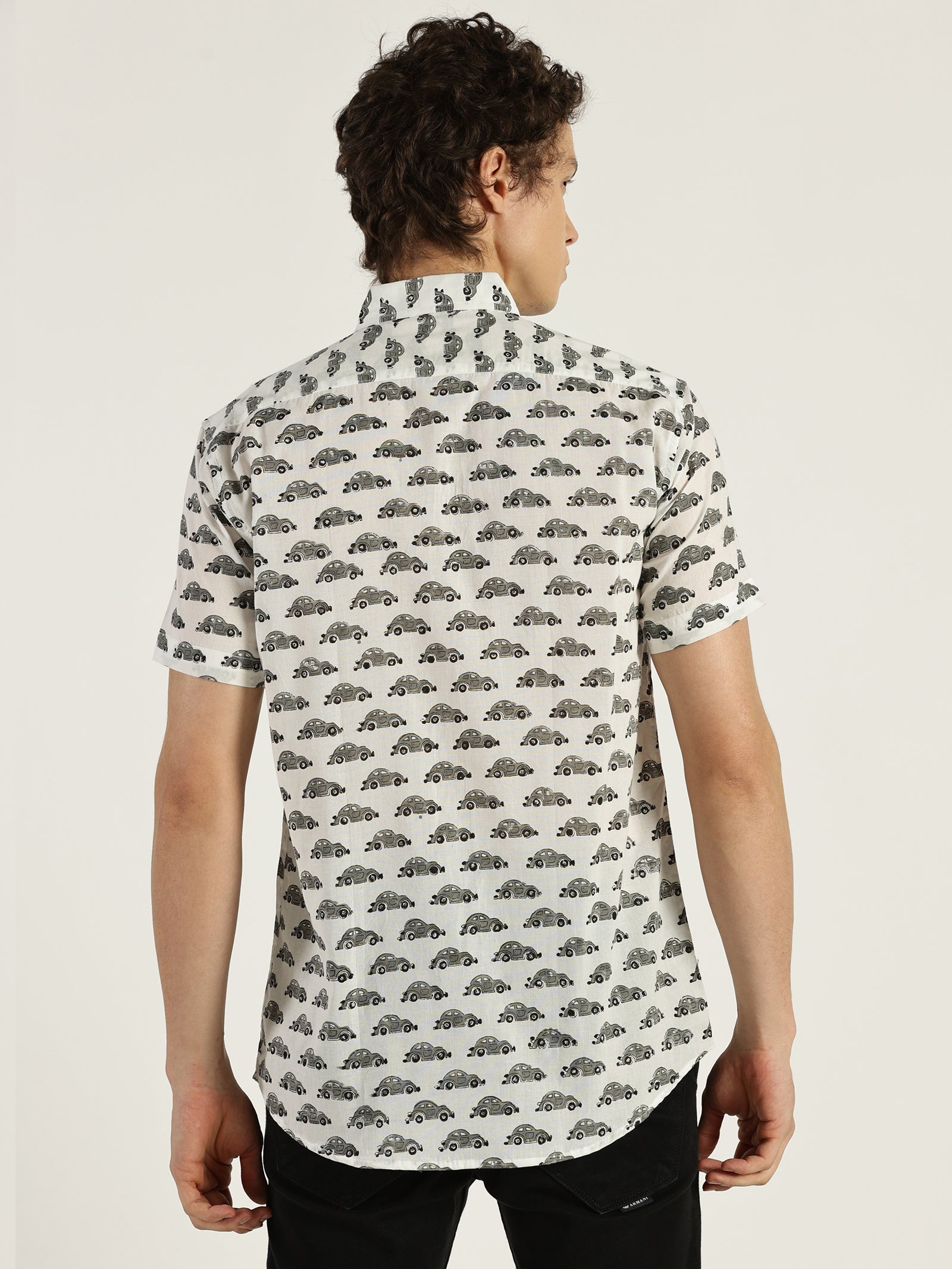 Grey Car Block Printed Halfsleeves Cotton Shirt