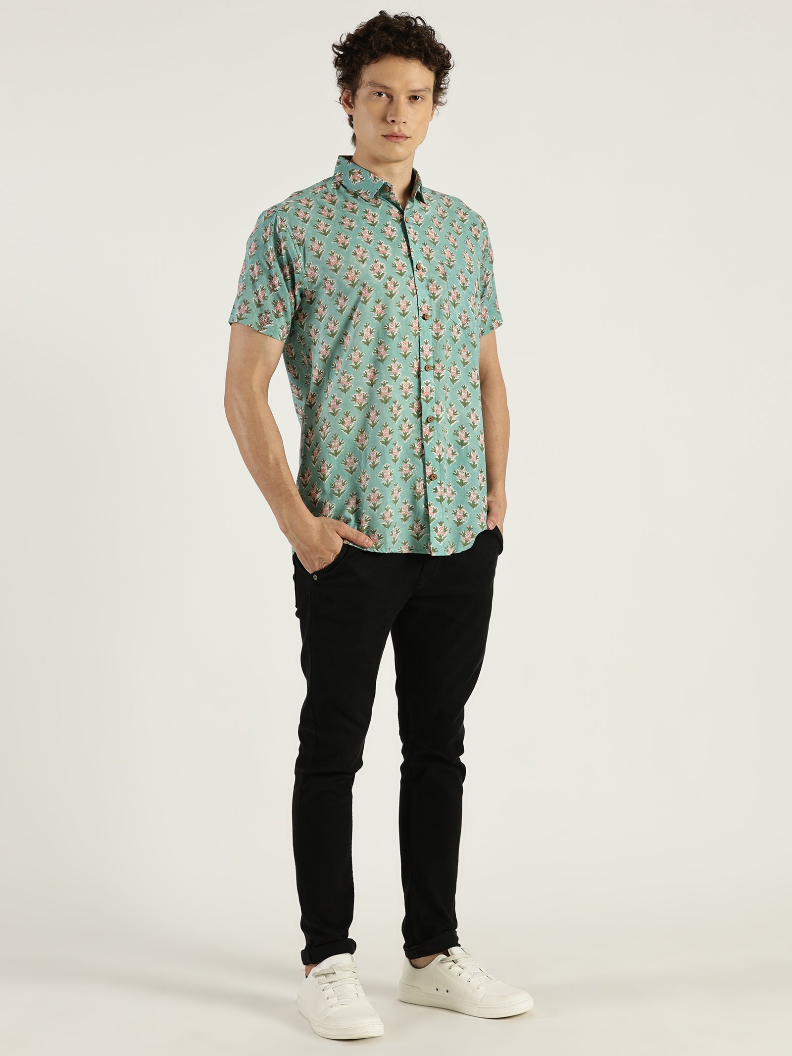 Good Vibes Block Printed Halfsleeves Cotton Shirt