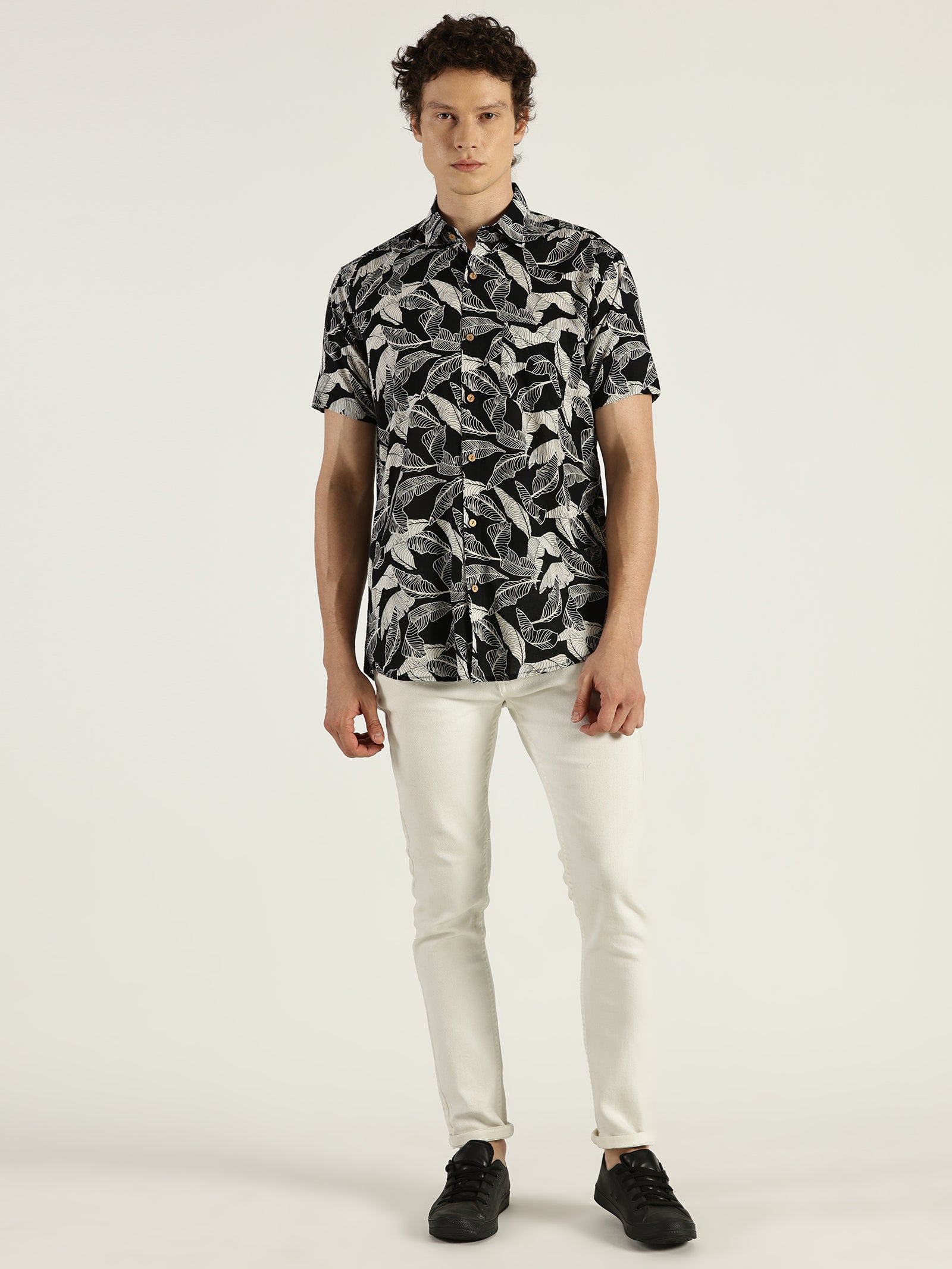 Tropical Leaf Black Printed Halfsleeves Cotton Shirt