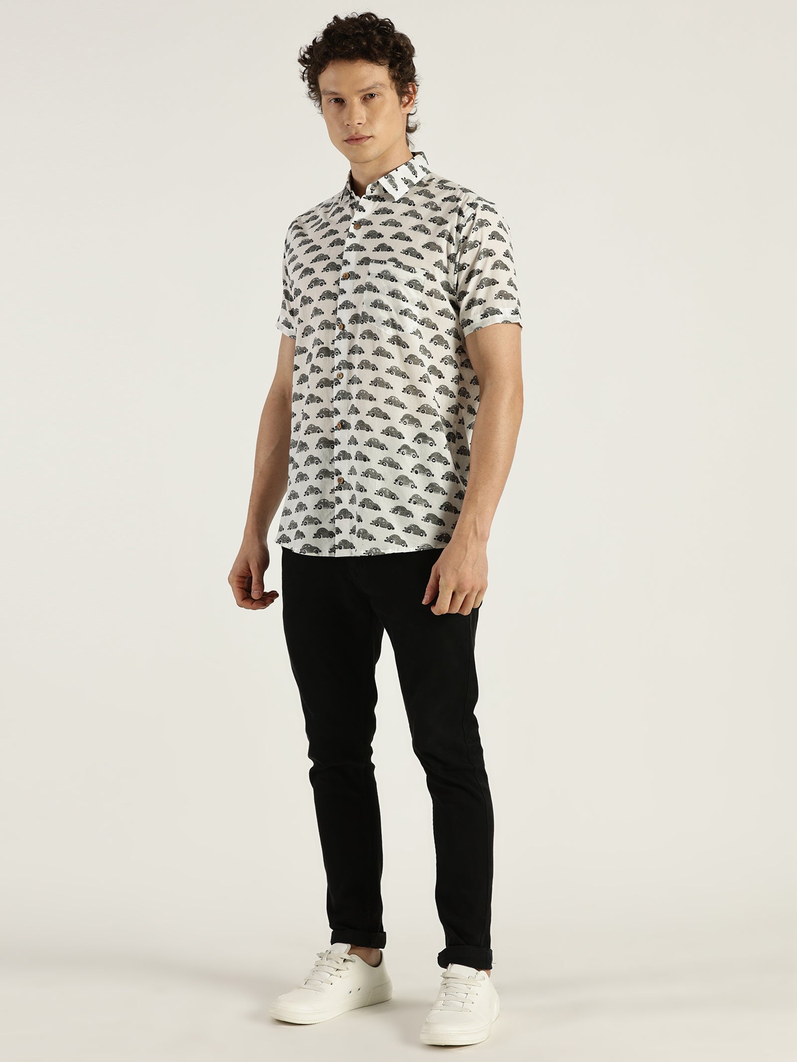 Grey Car Block Printed Halfsleeves Cotton Shirt