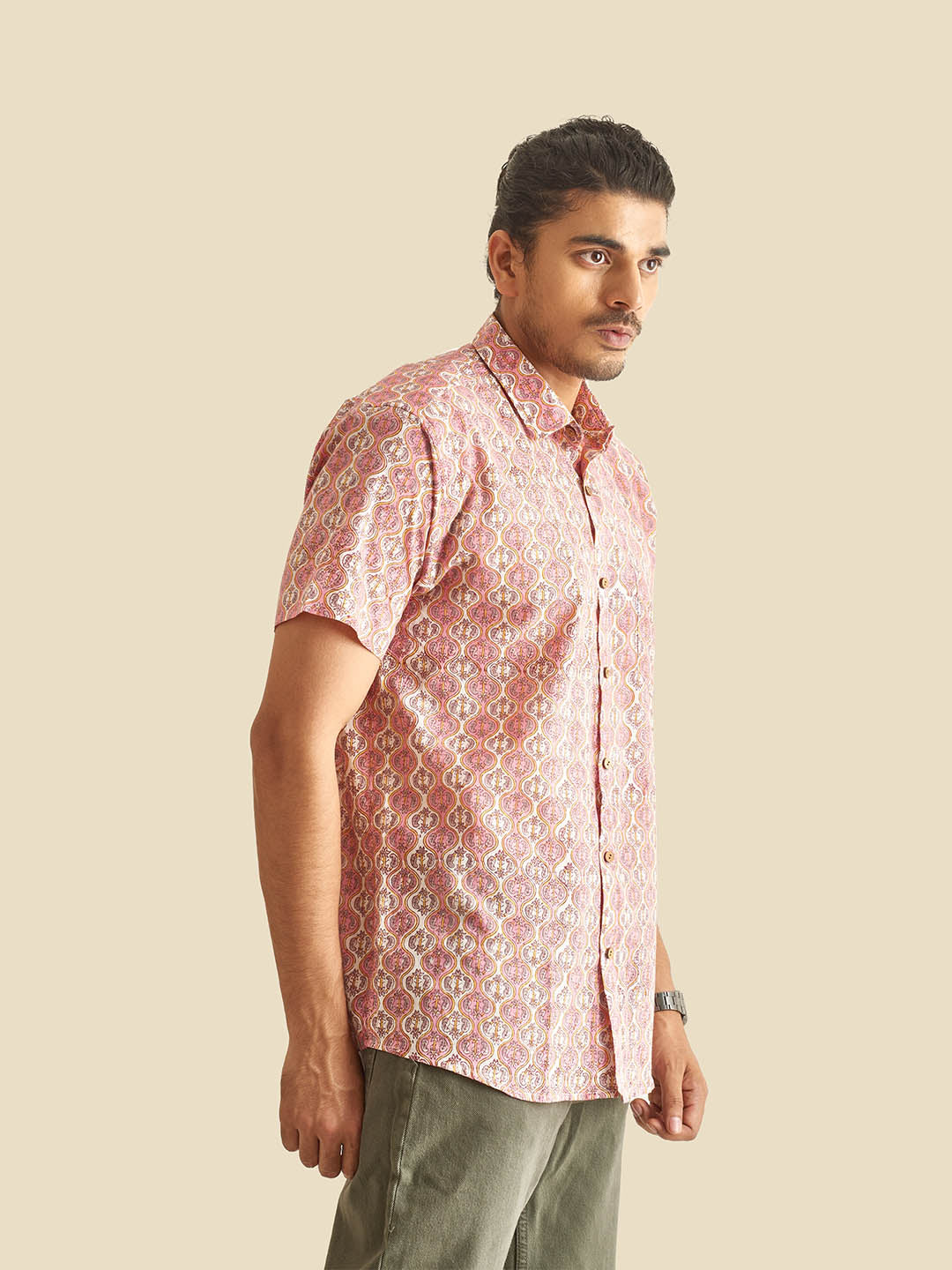 Pink and White Ethnic Block Printed Holiday Halfsleeves Cotton Shirt