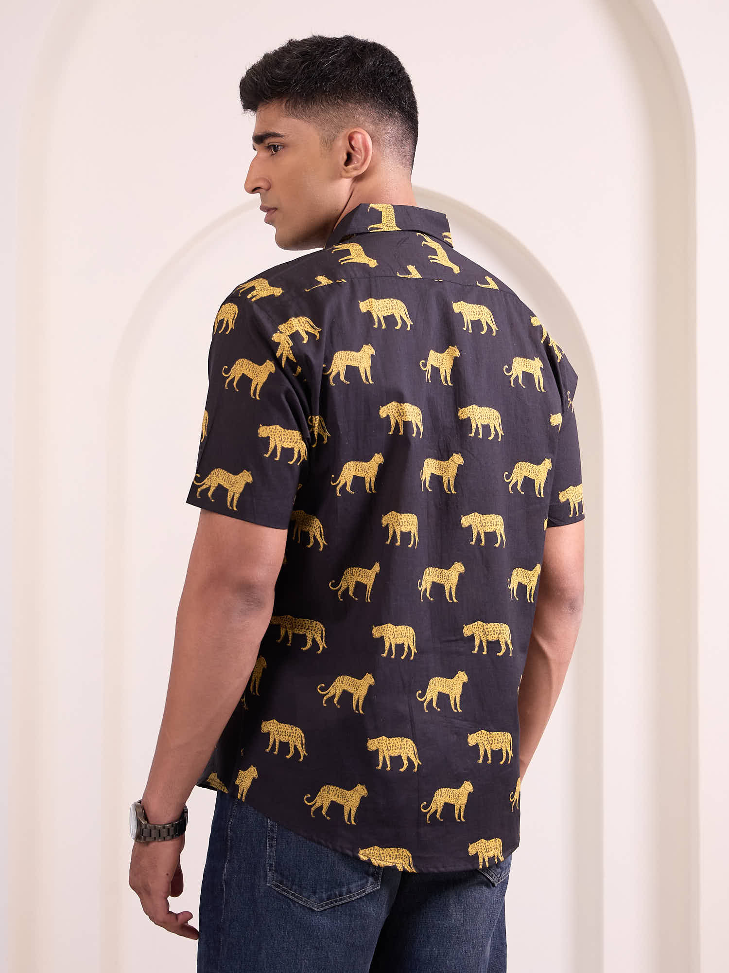 Back view of cotton cheetah print shirt for men in lightweight fabric