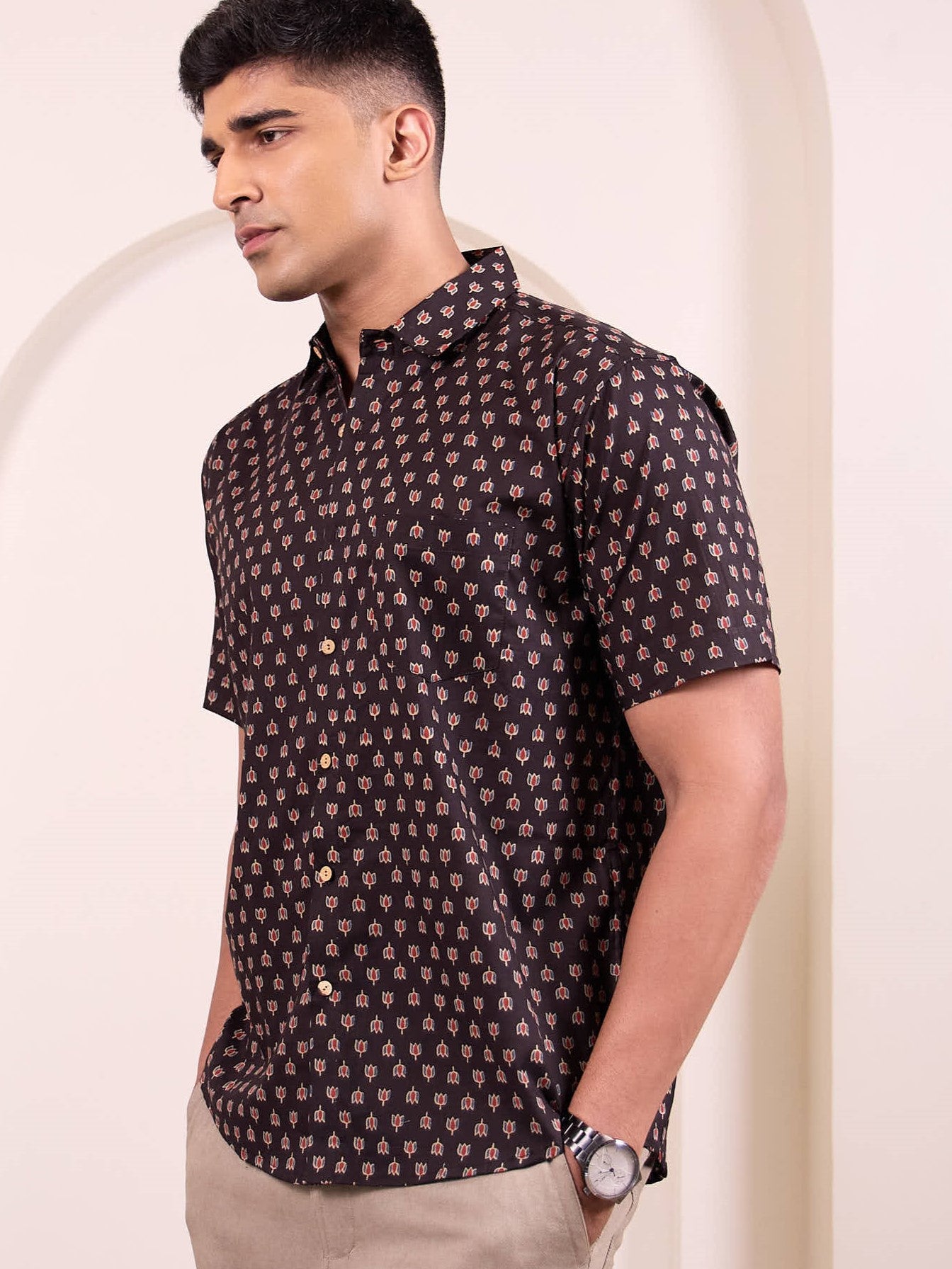 Model wearing a black  colour ethnic, short sleeves casual shirt made of pure cotton fabric