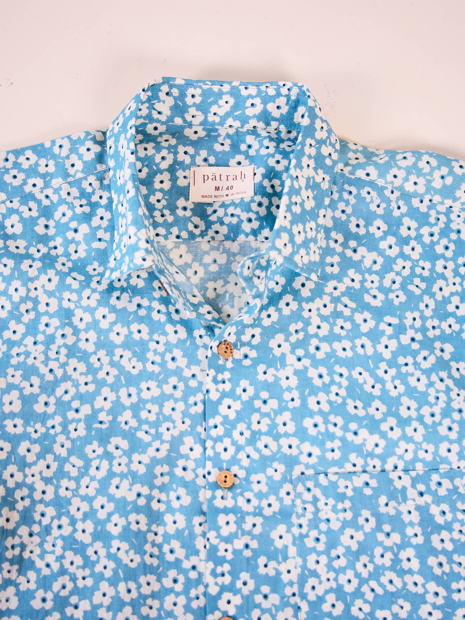 Close up of Blue Floral Print Travel Shirt