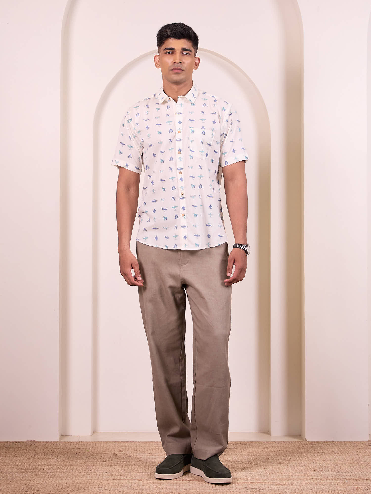 Full body view of flying blue  cotton shirt for men styled for holidays