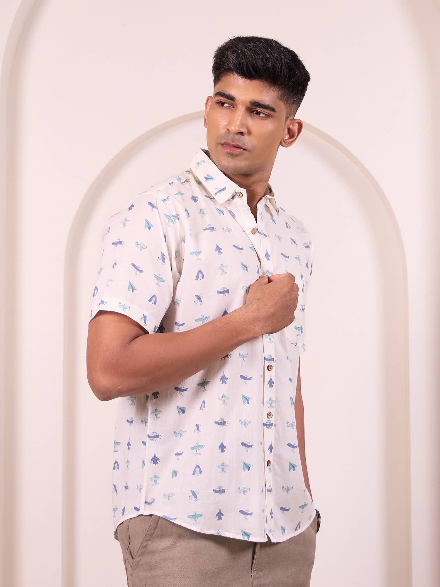 Side profile of man in earthy Flying Blue Pure Cotton Shirt