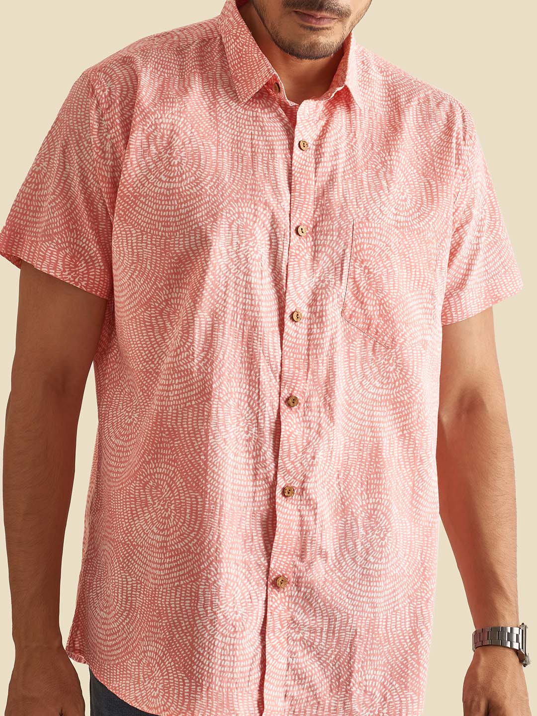 Pink Abstract Circles Block Printed Halfsleeves Cotton Shirt