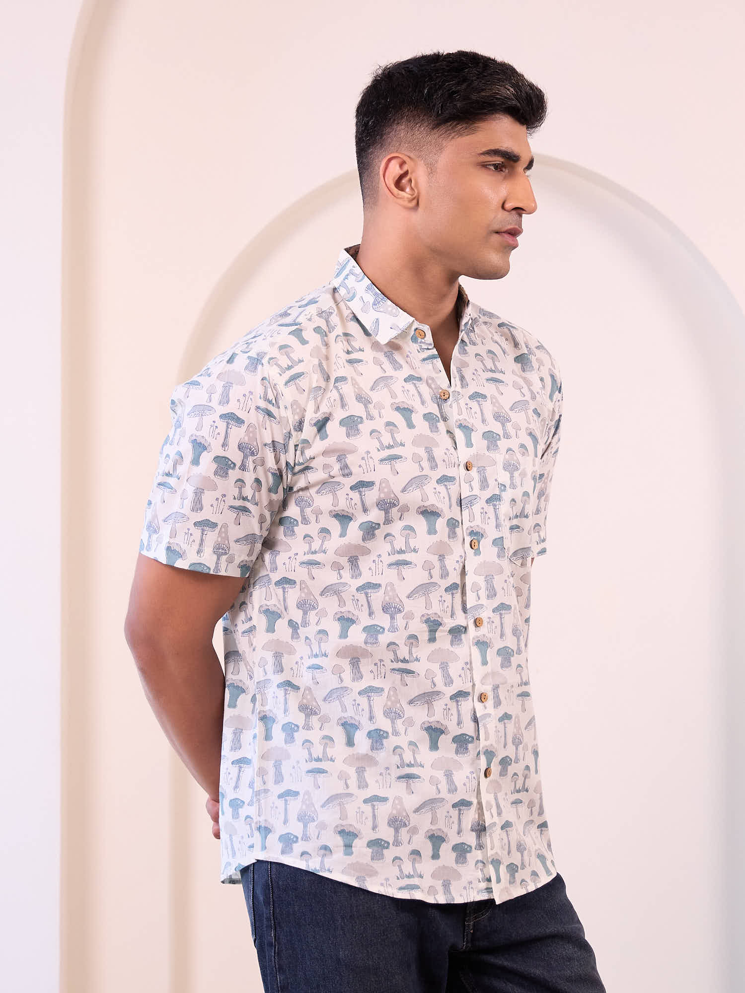 Side profile of man in earthy Psychedelic Printed Cotton Shirt