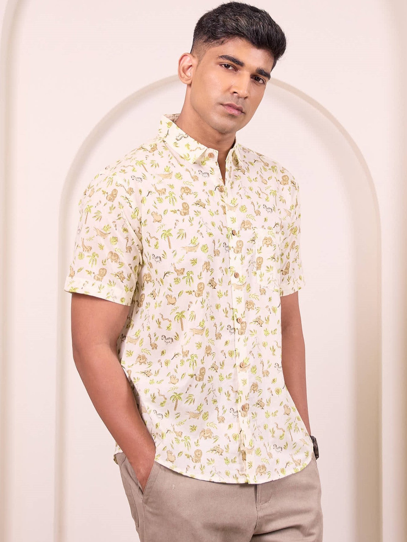 Safari themed cotton shirt for men front view perfect for Relaxed fit for everyday comfort