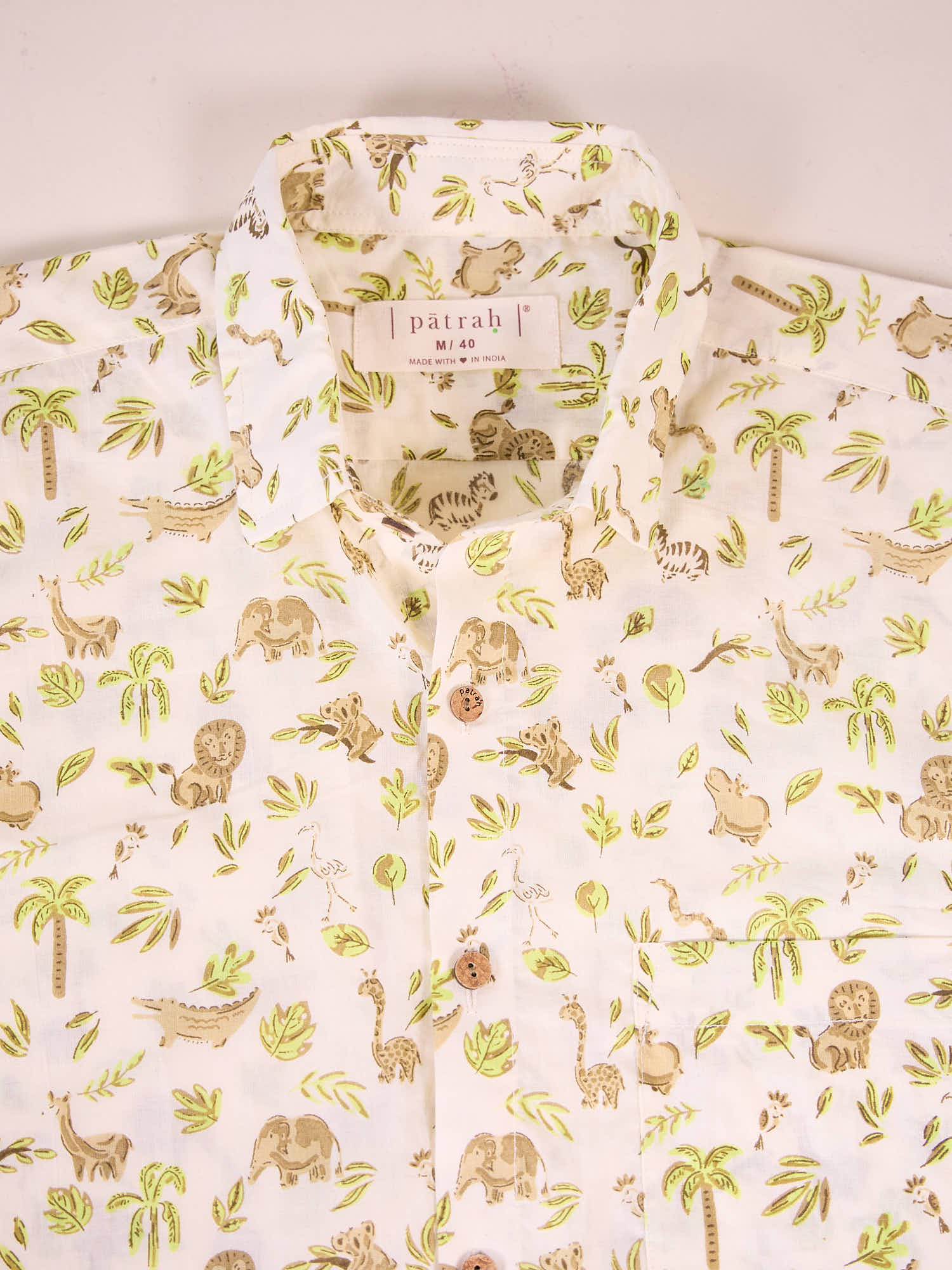 Close-up of safari print fabric on pure cotton shirt