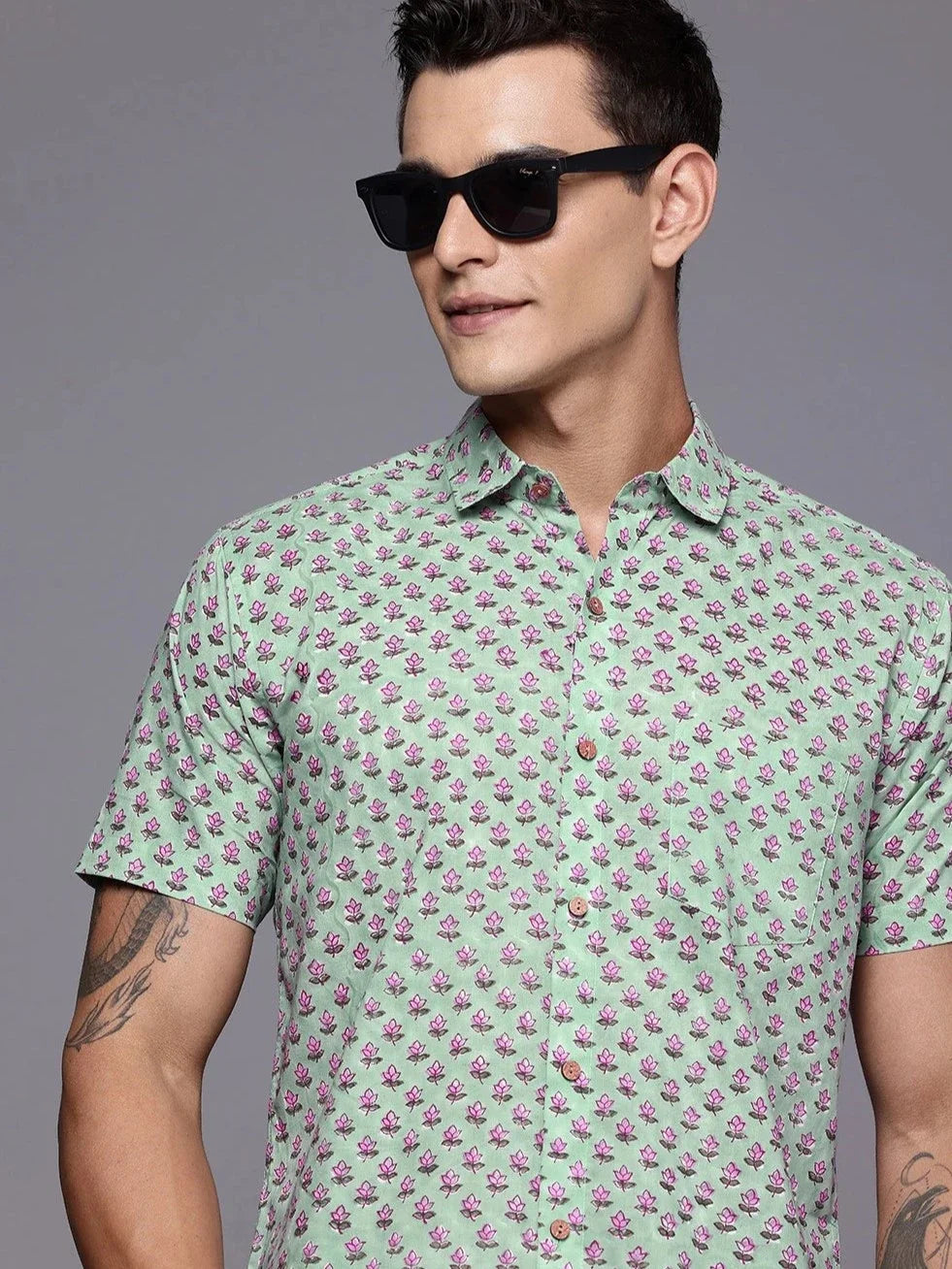 Sage green floral print cotton shirt for men front view for summer wear