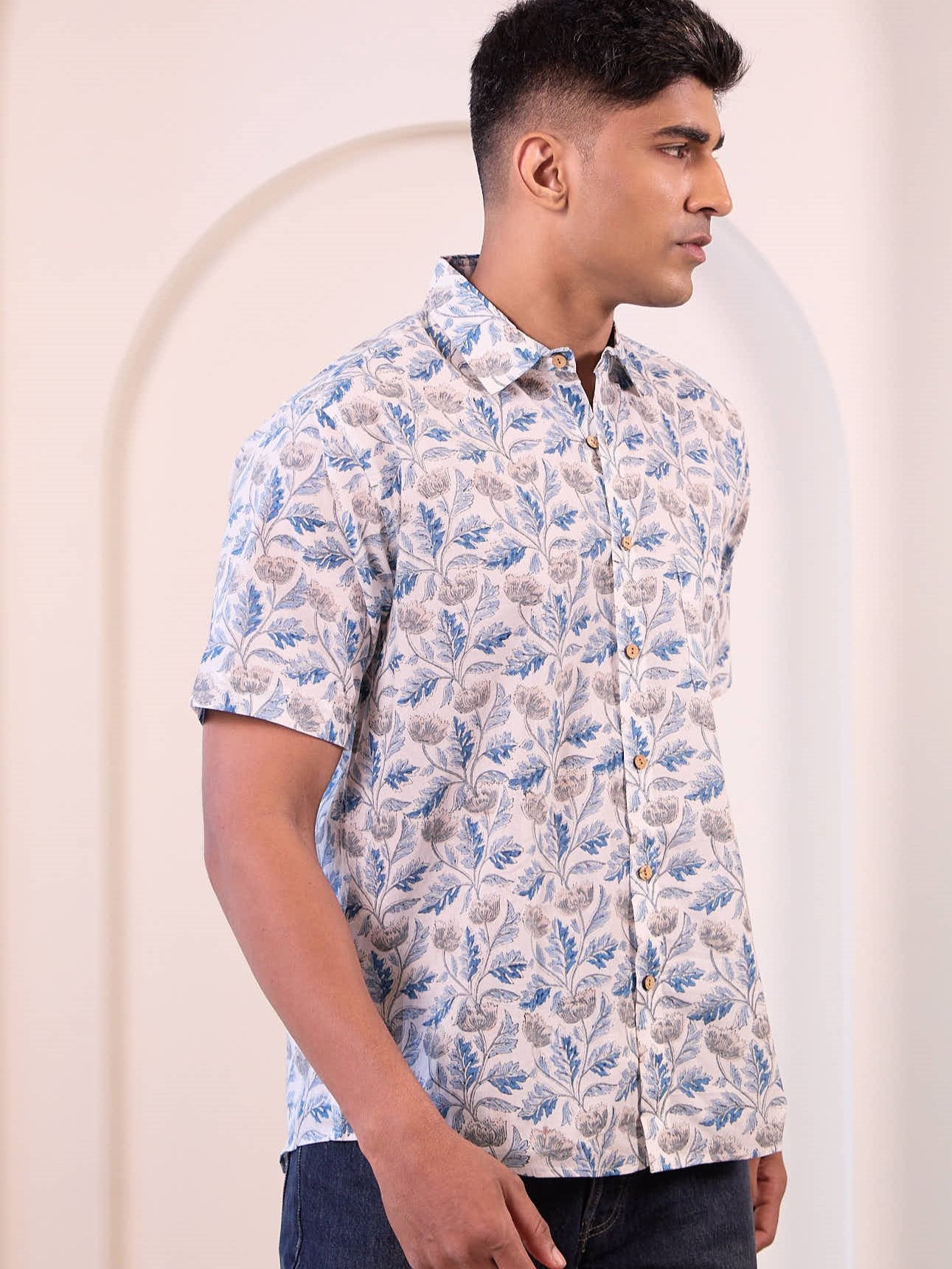 Model wearing a white colour ethnic, short sleeves casual shirt made of pure cotton fabric