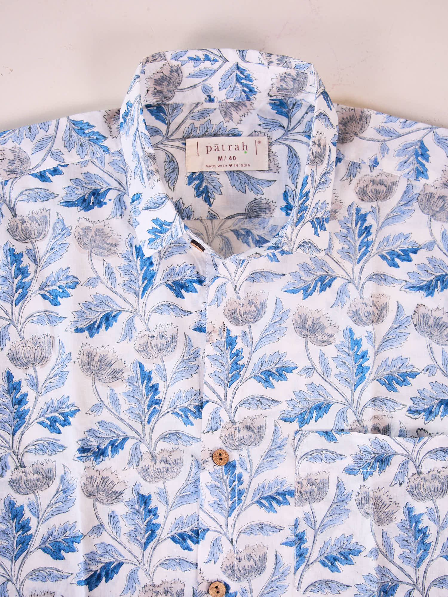 Close-up of White Lianas Floral Print Shirt showing pattern and texture