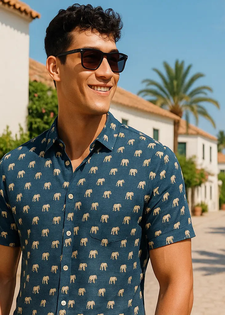 man wearing patrah cotton shirt at a resort on a sunny day