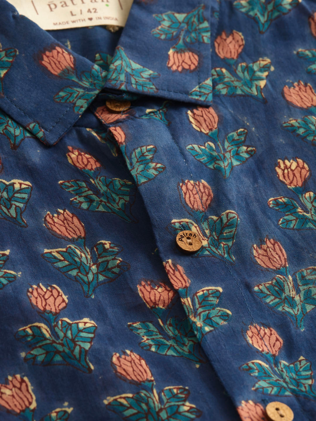 Navy Blue Floral Handblock Printed Mulmul Shirt