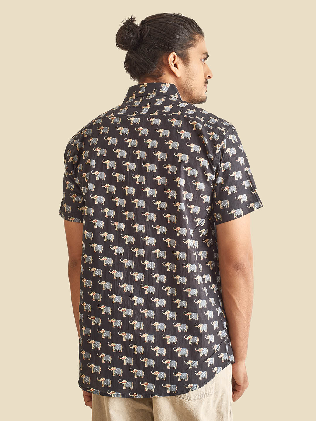 Black Royal Elephant  Printed Halfsleeves Cotton Shirt