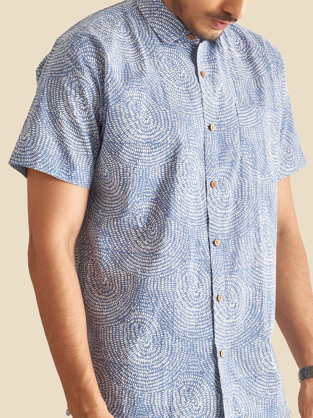 Blue Abstract Circles Printed Halfsleeves Cotton Shirt