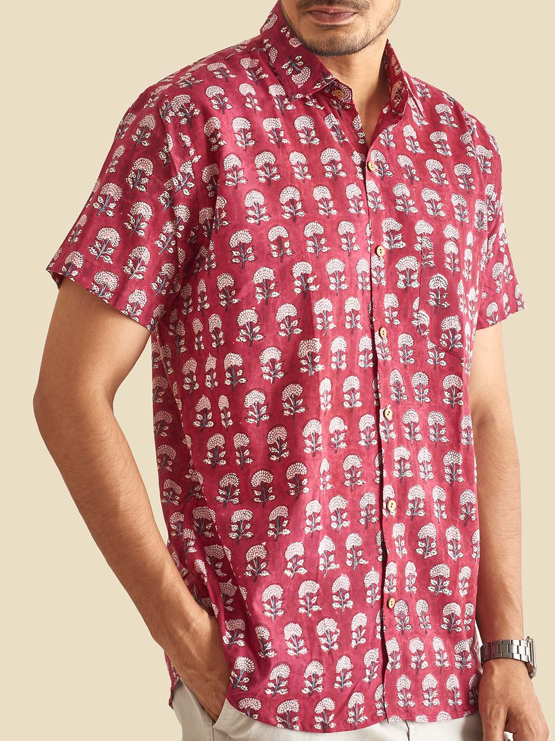 Maroon Floral Block Printed Halfsleeves Cotton Shirt