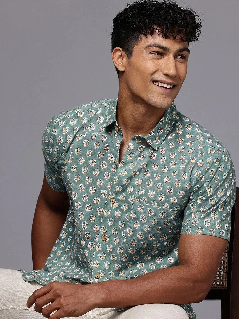 Olive Floral Block Printed Shirt