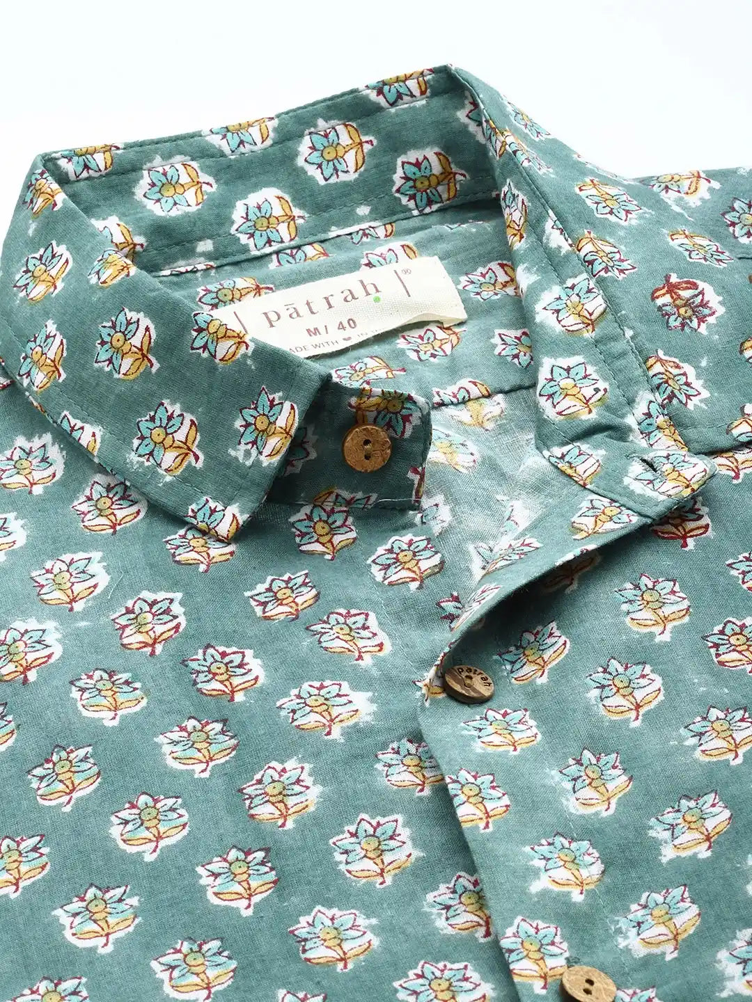 Olive Floral Block Printed Shirt