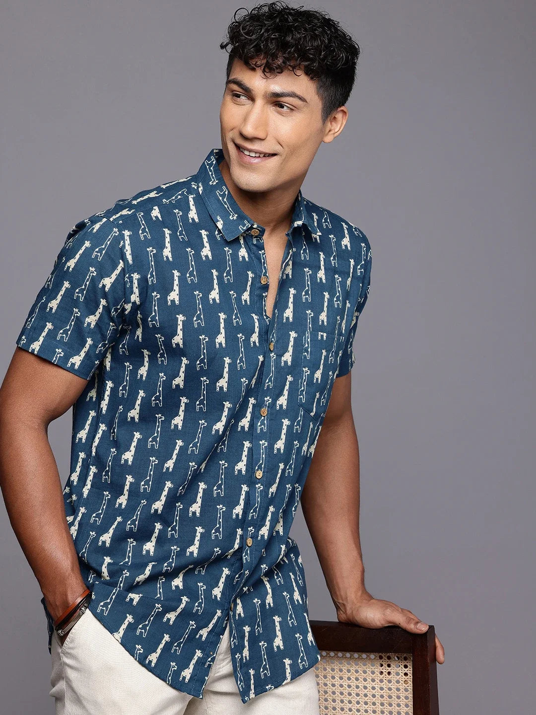 Giraffe Print Blue Cotton Shirt