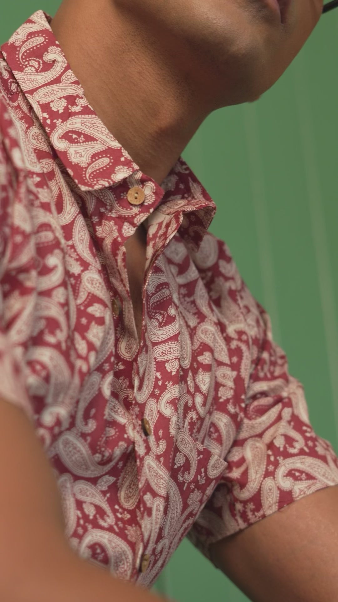 Model wearing men’s shirt highlighting fabric quality