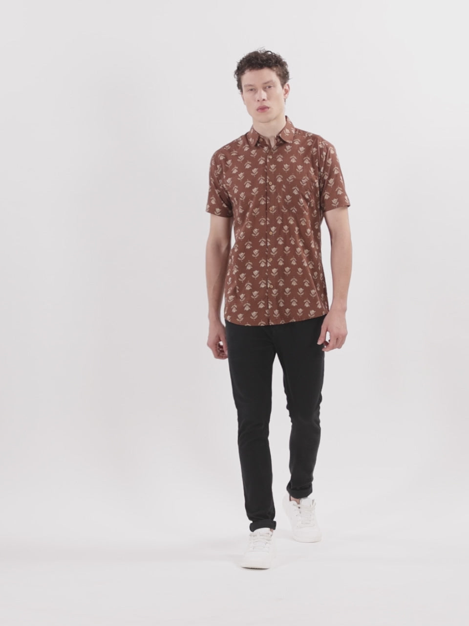 White Model wearing Earthy Brown Floral Printed Halfsleeves Cotton Shirt by Brand Patrah