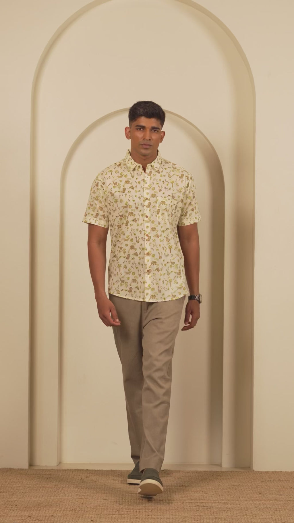Men’s casual shirt displayed on model with short -sleeve design